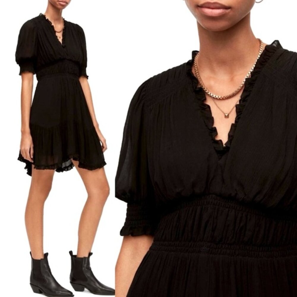 All Saints Via Ruffle Mini Dress in Black | 12